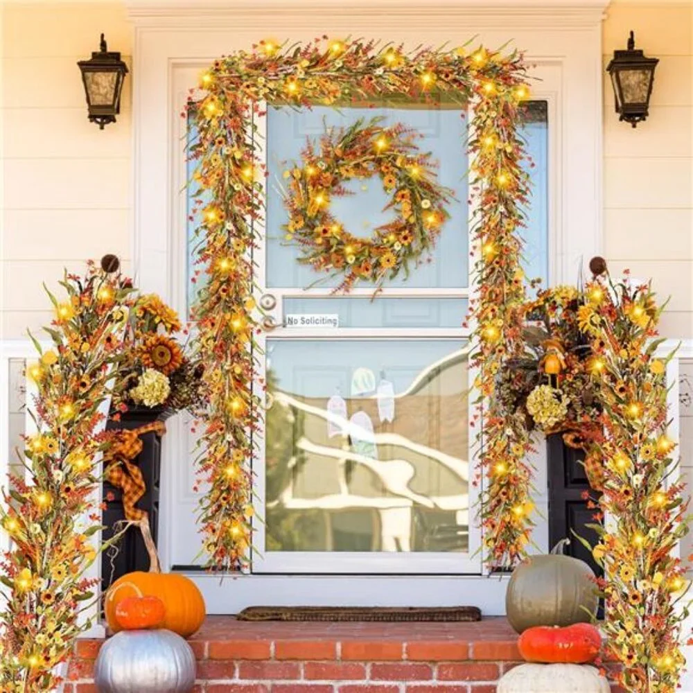 Fall Garland with Lights 6Ft Autumn Garland with Orange Daisy